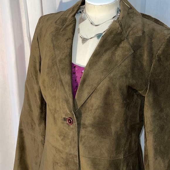 suede coat, sophisticated dark olive green color - EUC - Picture 3 of 14